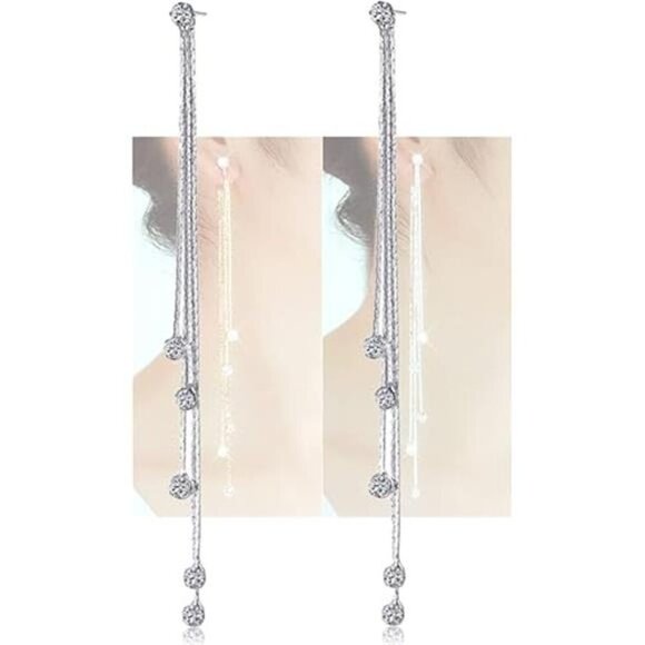 Women's Linear Long Tassels Diamante Rhinestone Dangle Party Eardrop Earrings - Picture 7 of 7